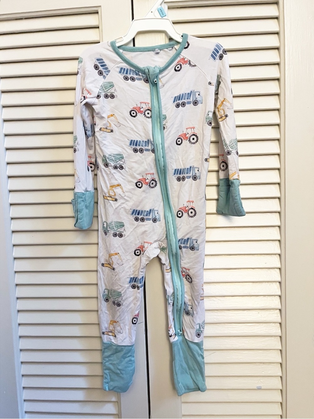 Bamboo One-Piece Zip Sleeper in White with Teal Trim and Construction Print